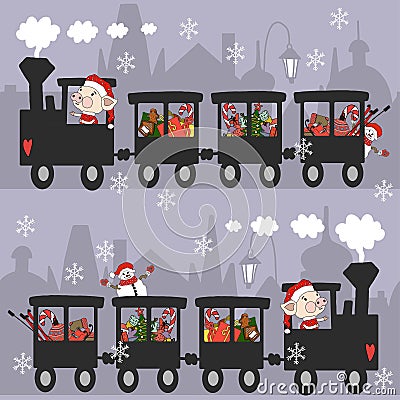 Seamless pattern cute cartoon 2019 Happy New Year and Marry Christmas piggy with train, city and gift Cartoon Illustration